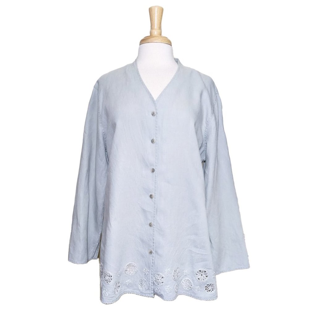 J. JILL Linen Button Up Artist's Smock/Shirt with Crochet Inserts & Embroidery